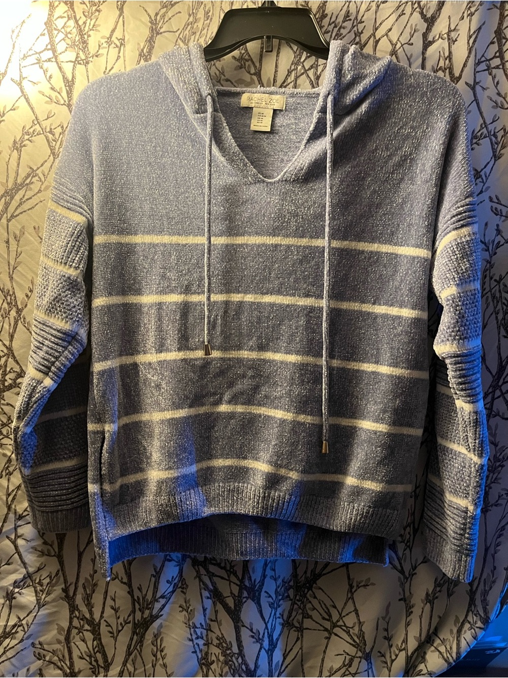Rachel Zoe Light Blue & Cream Striped Cowl Hoodie Sweater